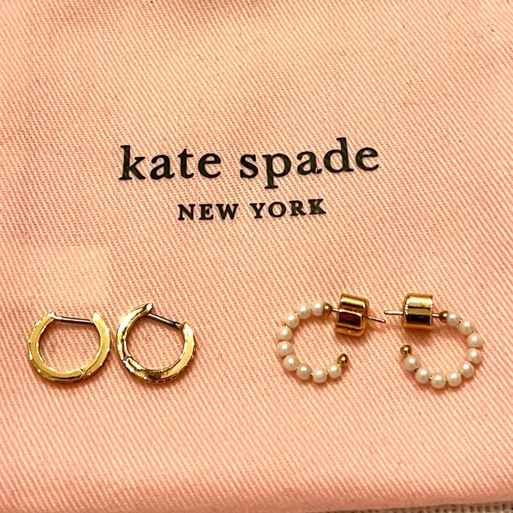 Kate Spade set of two pairs of mini hoop earrings. Pearl and crystal studded